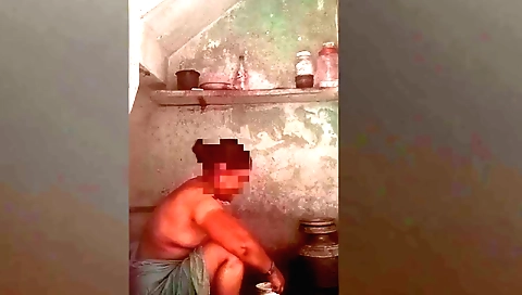 Indian babe bathed in water and cleaned in bathroom