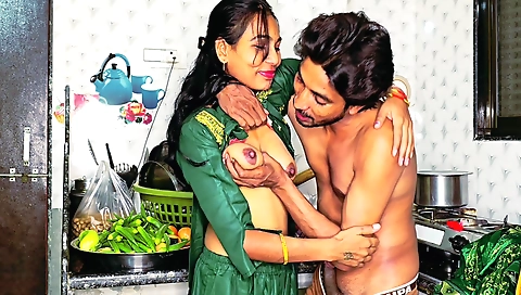 Indian brunette girl is in her kitchen and she calls the guy