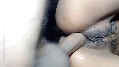 Hairy girl in bikini gets to experience anal sex with a dildo