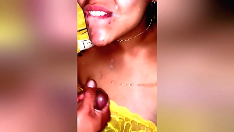 Busty pornstar fucks herself in a blowjob and facial