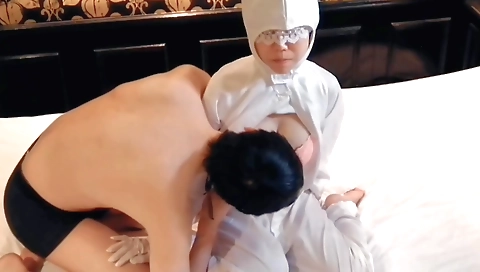 Busty insinuator rubs and sucks a sexy busty inspector