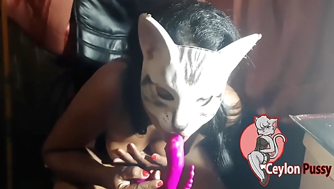Amateur brunette enjoys huge dildo sucking and riding
