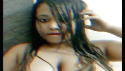Shaved brunette with big natural tits masturbating on webcam
