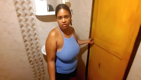 Chubby stepbrother gives a blowjob to her in bathroom