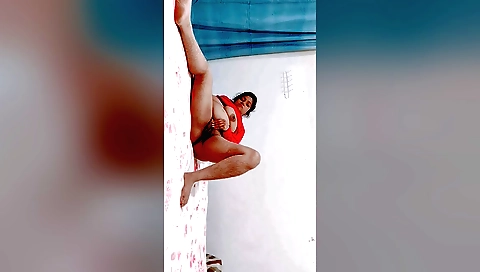 Horny brunette in a sexy costume shows off her hairy pussy