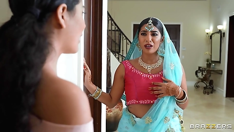 Indian brunette in a huge natural boobs dress in bed